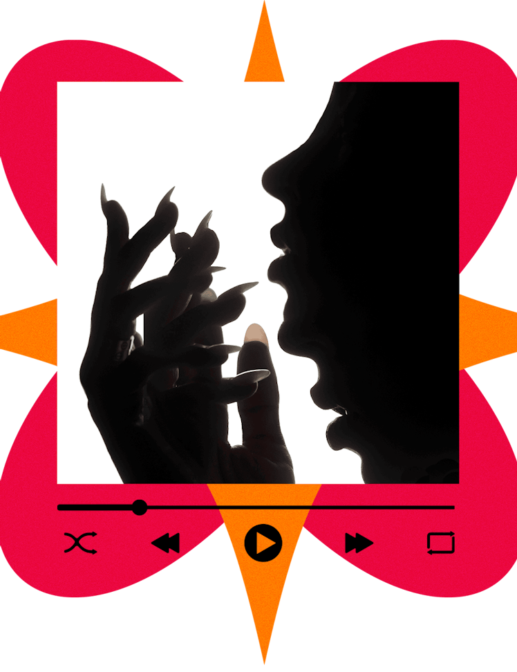 Silhouette of a person touching their face with their hands, framed inside a stylized video player o...