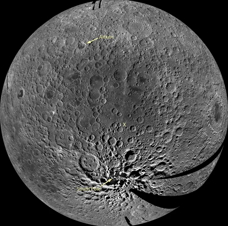 The battered, cratered surface of the Moon. This is the far side, which humans cannot see from Earth...