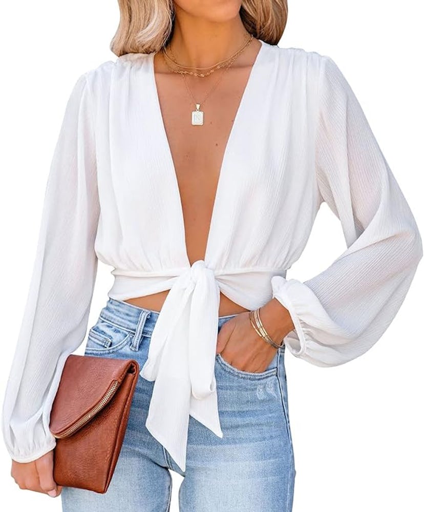 Lyaner Deep V Neck Tie Front Knot Long Sleeve