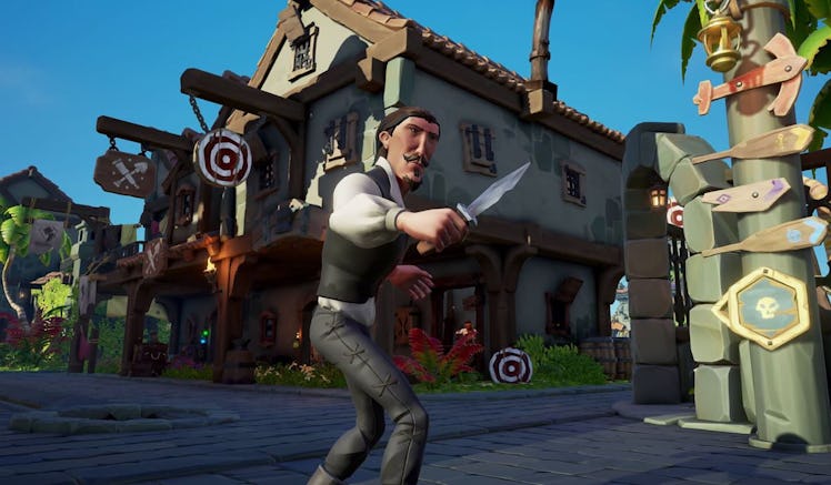 Screenshot of pirate brandishing a knife in Sea of Thieves