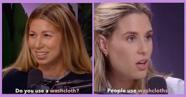Split-screen image of two women in an interview, one smiling with caption "Do you use a washcloth?" ...