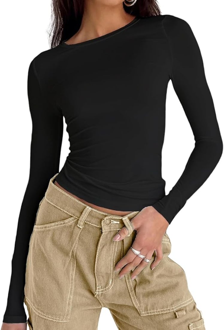 Abardsion Crop Top Crew Neck Tight T-Shirt