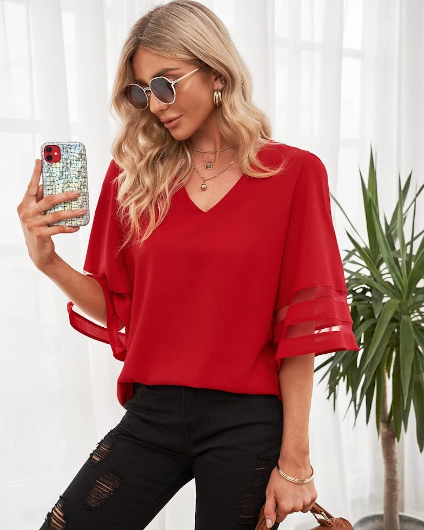 LookbookStore V Neck Mesh Panel Blouse