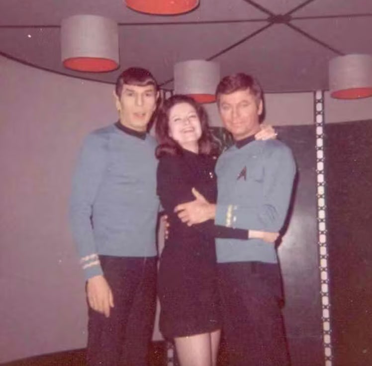 Joan Winston on the set of 'Star Trek' with Leonard Nimoy and DeForest Kelley