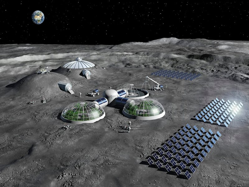 A lunar base on the Moon would include solar panels for power generation, and equipment for keeping ...