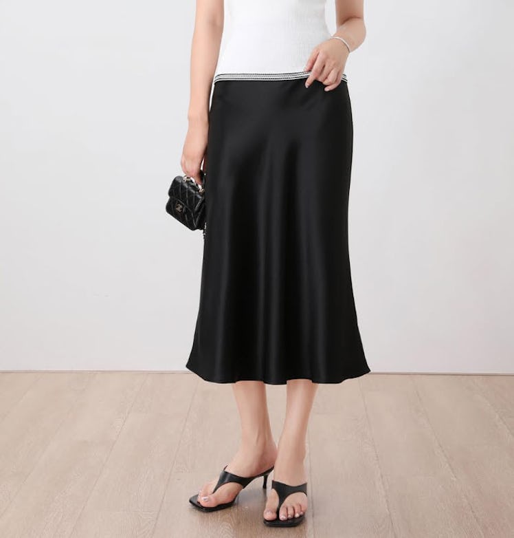 Keasmto Midi Length High Waist Silk Skirt