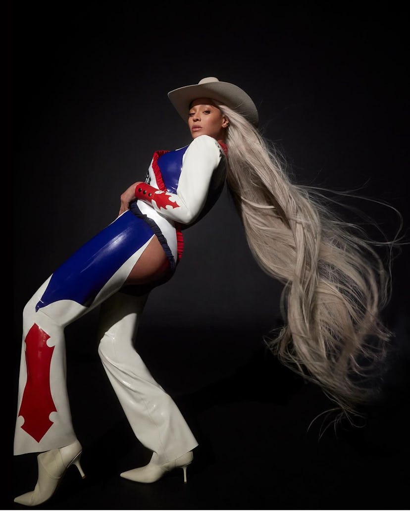 Beyoncé wore a red, white, and blue leather chaps outfit on the cover of her Cowboy Carter album.
