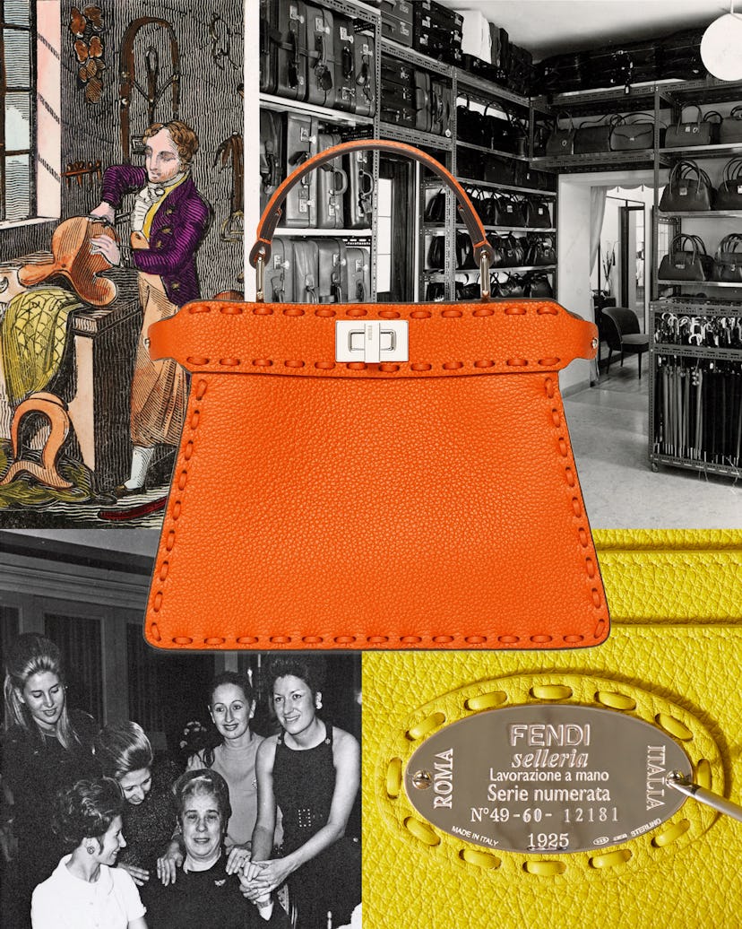 Collage of a vintage shop scene, a vibrant orange handbag, a group of smiling women, and a Fendi lab...
