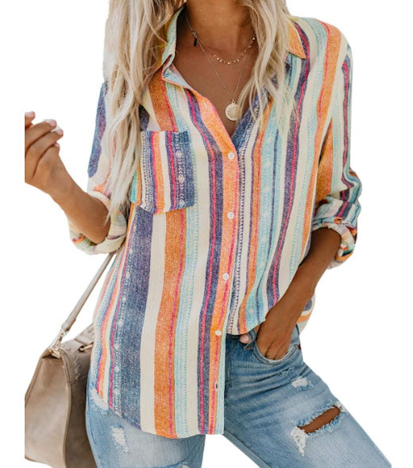 Astylish V-Neck Striped Roll-Up Blouse