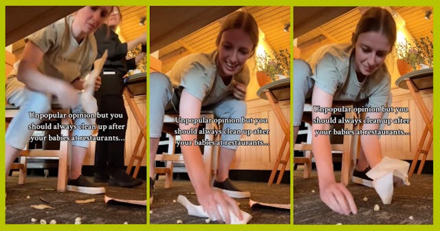 One mom shared a clip of herself cleaning up a mess on the floor, noting that she thinks every singl...