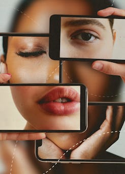 A collage of a woman's face parts rearranged using smartphone screens against a fragmented backgroun...