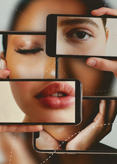 A collage of a woman's face parts rearranged using smartphone screens against a fragmented backgroun...
