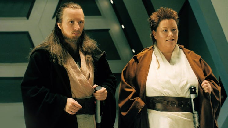 Jennifer Saunders and Dawn French dressed as Star Wars parody characters Pork Dim Sum and Toby Jugs ...
