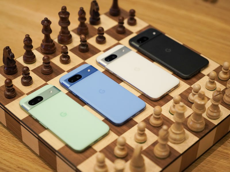 The Pixel 8a in Aloe, Bay, Porcelain, and Obsidian.