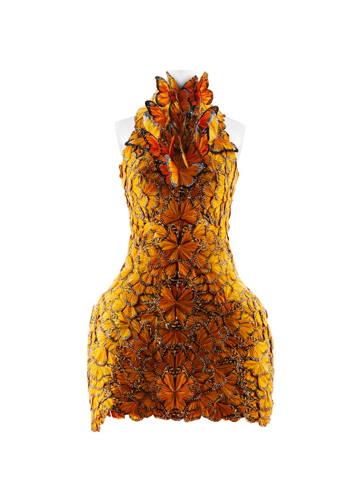 a butterfly dress by Alexander McQueen in the Sleeping Beauties exhibition at the Metropolitan Museum...
