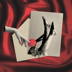 Artistic collage of a monochrome photograph of a woman's legs, a hand holding a rose, superimposed o...