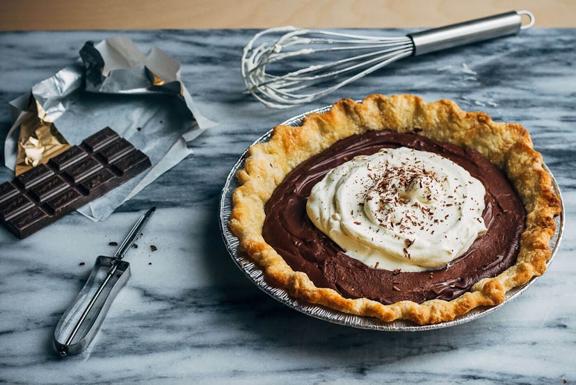 Chocolate pie with whipped cream, a delicious make-ahead dessert for Mother's Day.