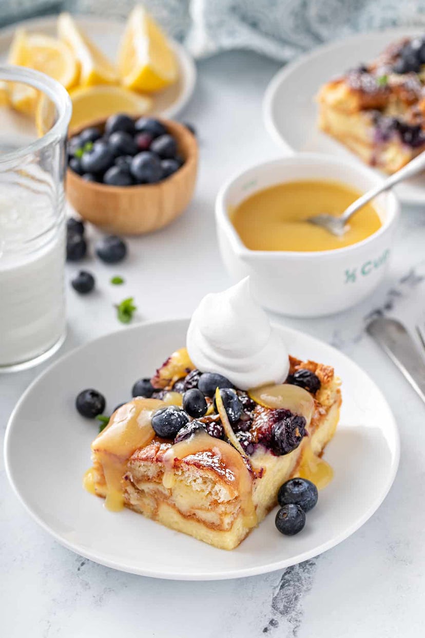 Blueberry bread pudding, a delicious make-ahead dessert for Mother's Day.