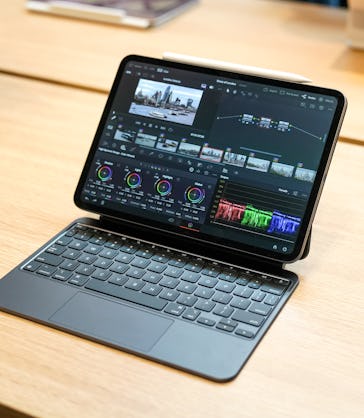 The 11-inch iPad Pro with nano-texture display running DaVinci Resolve while attached to the new Mag...