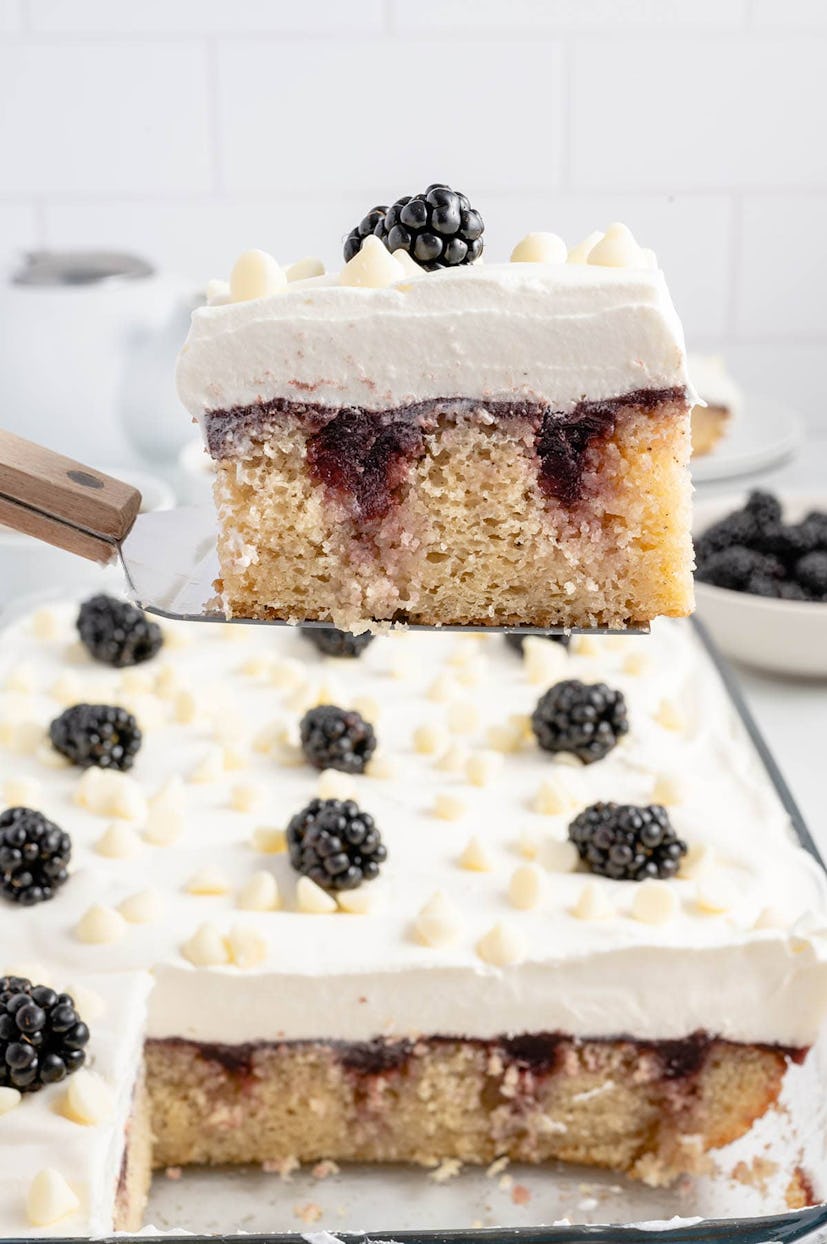 Blackberry poke cake, a delicious make-ahead dessert for Mother's Day.