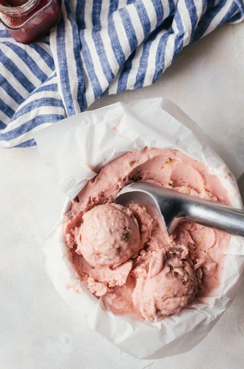 Rhubarb crumble ice cream, a delicious make-ahead dessert for Mother's Day.