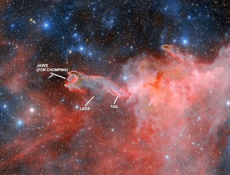 image of a reddish cloud of gas and dust in space, which is shaped vaguely like a dinosaur, with the...