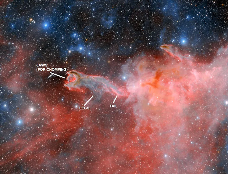 image of a reddish cloud of gas and dust in space, which is shaped vaguely like a dinosaur, with the...