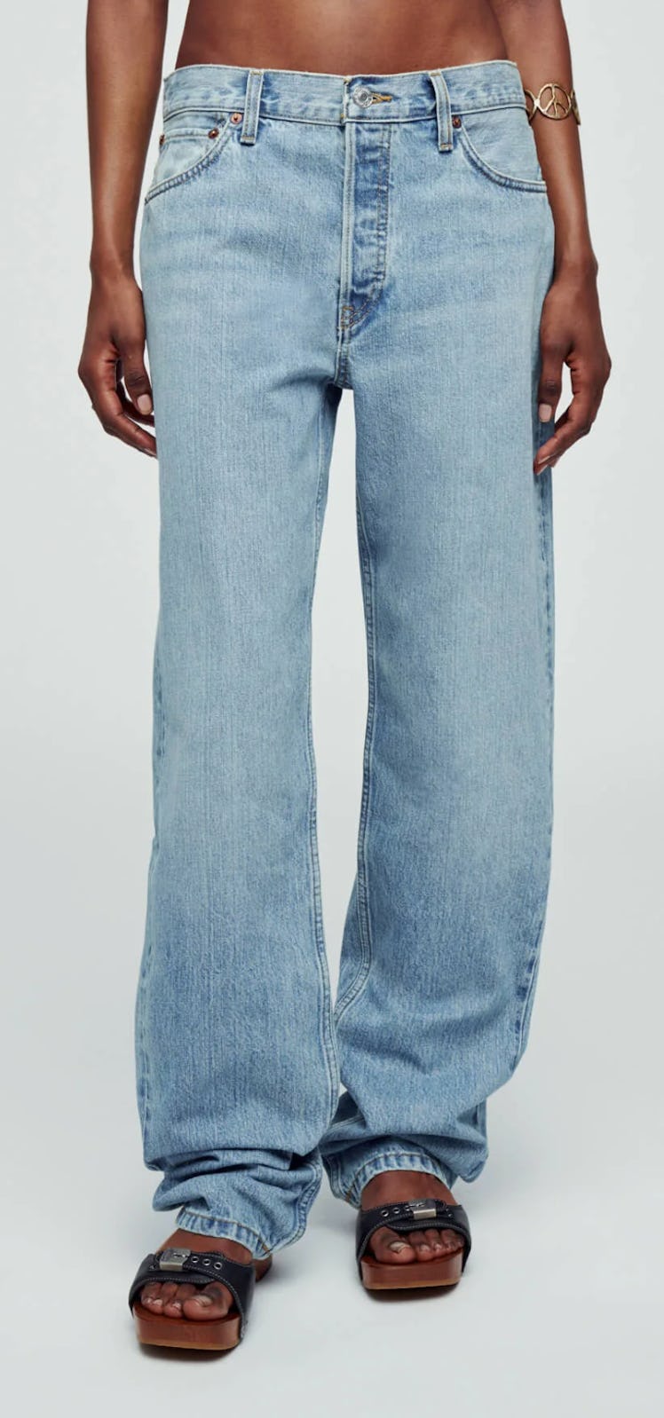 light-wash low-waisted jeans