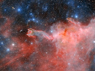 image of a reddish cloud of gas and dust in space, which is shaped vaguely like a dinosaur.