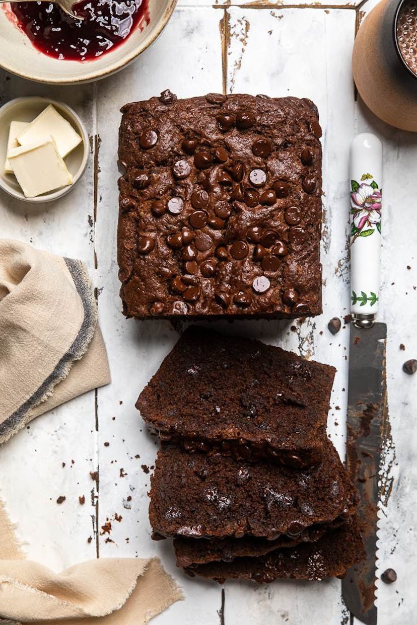 Vegan chocolate zucchini bread, a delicious make-ahead dessert for Mother's Day.