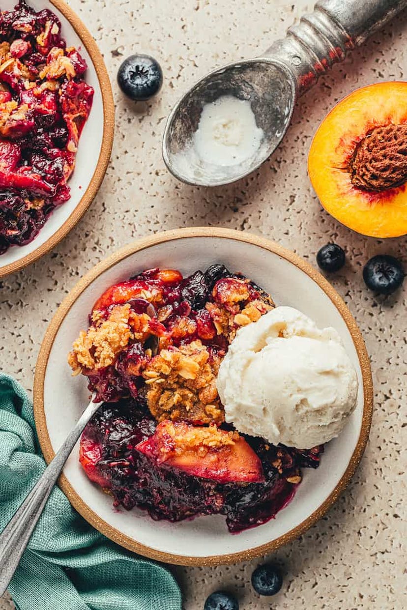 Blueberry peach crumble, a delicious make-ahead dessert for Mother's Day.
