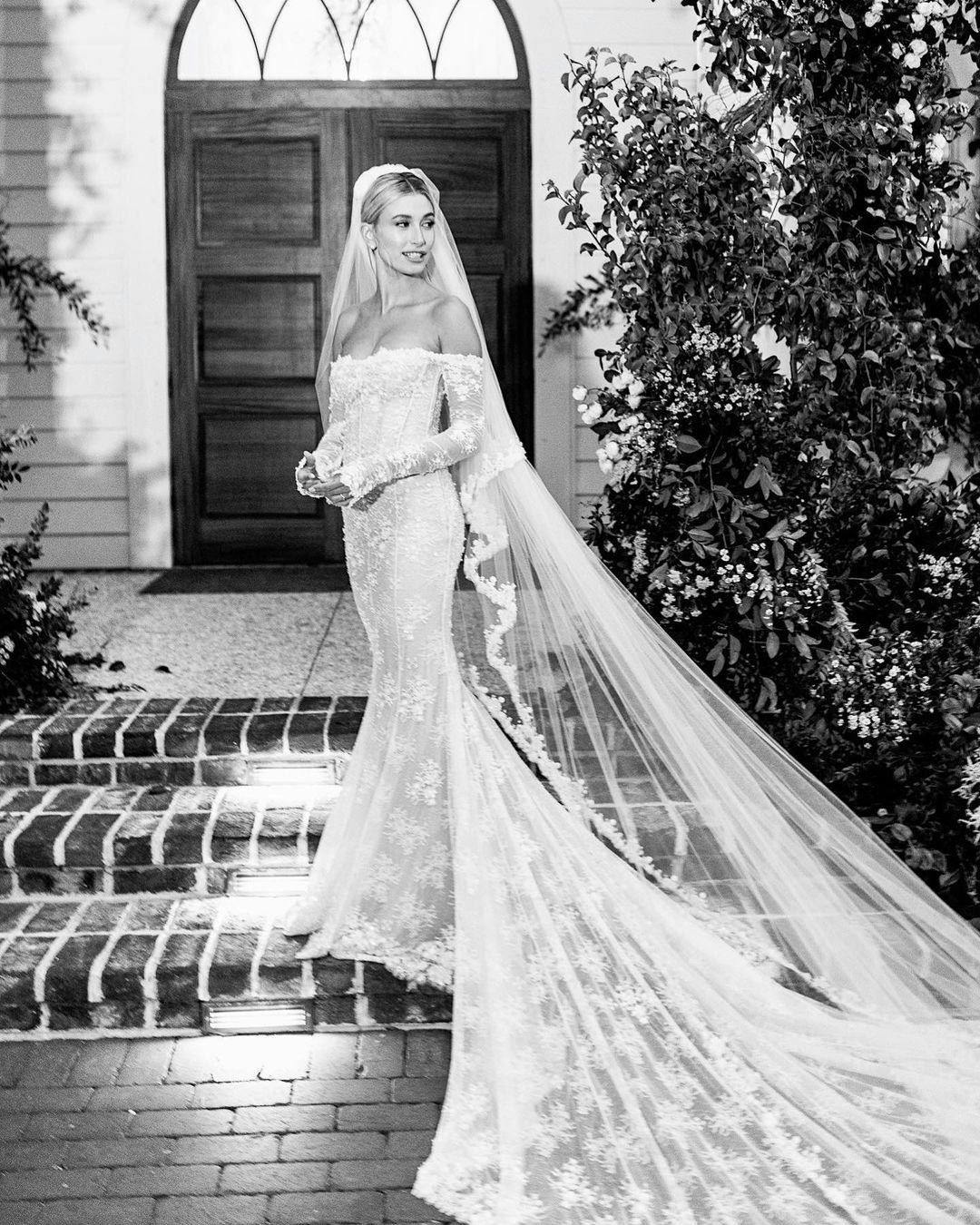 Hailey Bieber&rsquo;s 2019 lace wedding dress by Virgil Abloh.