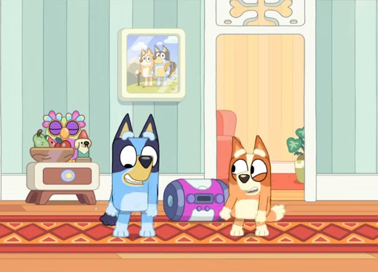 Bluey and Bingo dance in their hallway.
