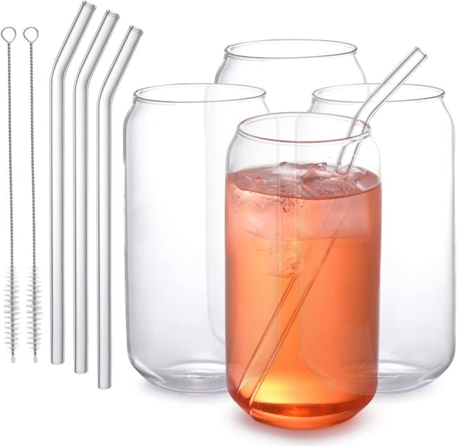 WHOLE HOUSEWARES Drinking Glasses with Glass Straw (Set of 4)