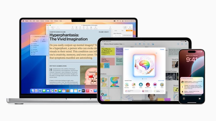Apple Intelligence AI features across iPad, iPhone, and macOS.