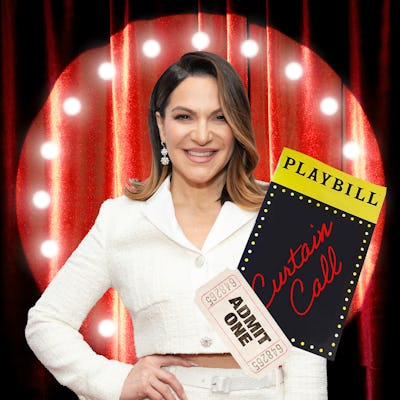 A smiling woman in a white jacket holds theater tickets, with a Playbill labeled "Curtain Call" and glowing red stage lights behind her.