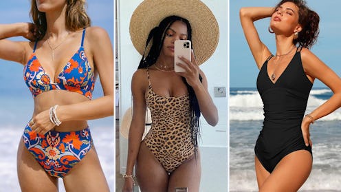 Three women in swimwear posing: one in a floral blue bikini, one in a leopard print one-piece, and o...