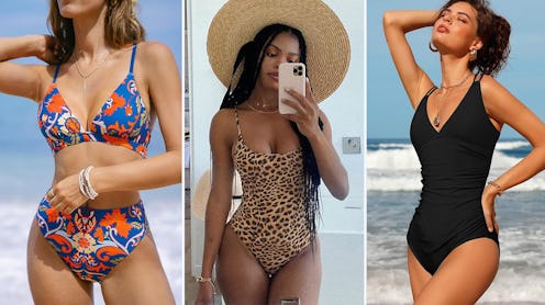 Three women in swimwear posing: one in a floral blue bikini, one in a leopard print one-piece, and o...