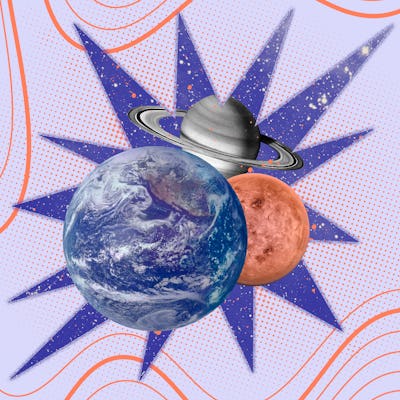 Illustration of Earth, Saturn, and Mars aligned on a stylized purple burst background with orange lines.
