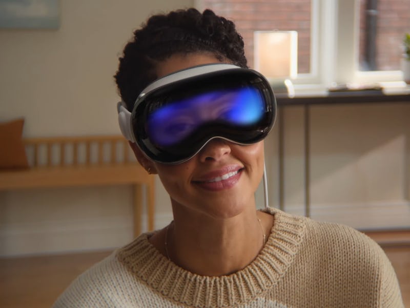 A person wearing an Apple Vision Pro spatial computing headset