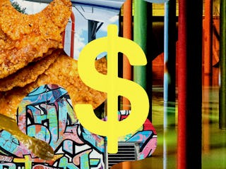 Collage featuring diverse elements: fried chicken, a train, graffiti, a dollar sign, and architectur...