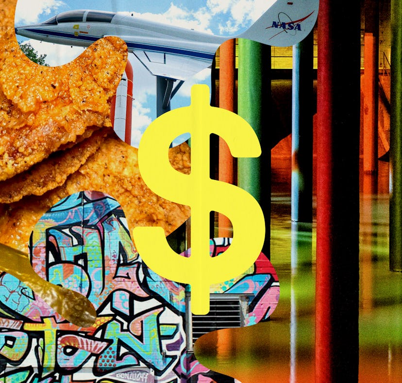 Collage featuring diverse elements: fried chicken, a train, graffiti, a dollar sign, and architectur...