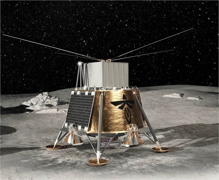 image of a lander on the lunar surface with four long antennas sticking out