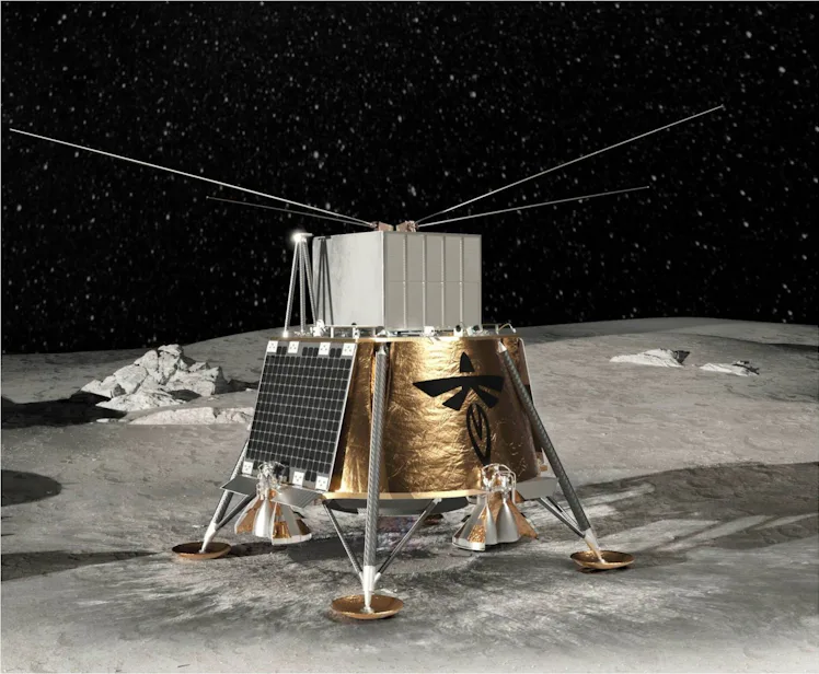 image of a lander on the lunar surface with four long antennas sticking out