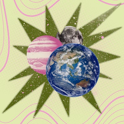 A colorful graphic featuring Earth, a pink striped planet, and the Moon, set against a green starburst backdrop with pink accents.