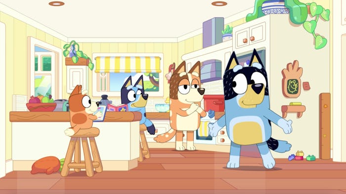 Bandit enters the Heeler's kitchen. Chilli claps sarcastically. Bingo and Bluey sit in their chairs.