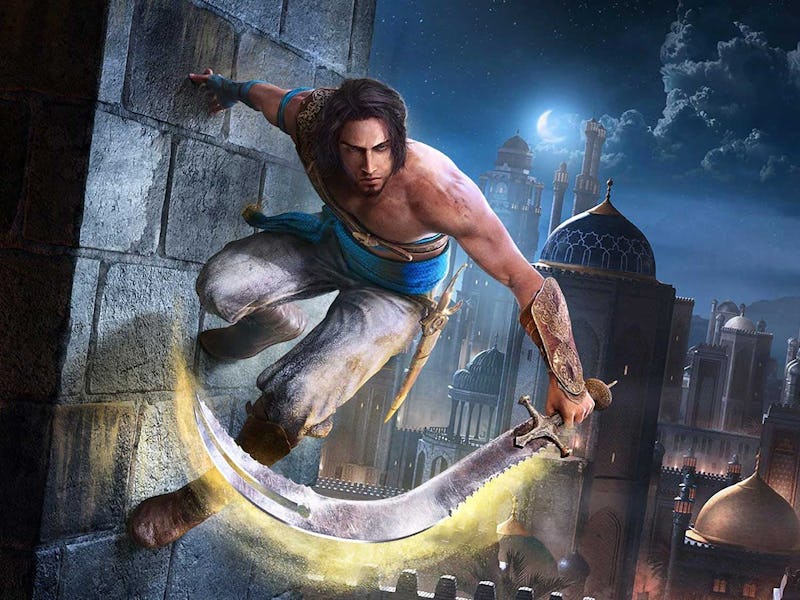 A man with flowing hair leaps above a city, grabbing the edge of a glowing crescent moon that is par...