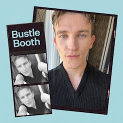 A collage of a young man in a black v-neck sweater, featuring one large color photo and two smaller ...