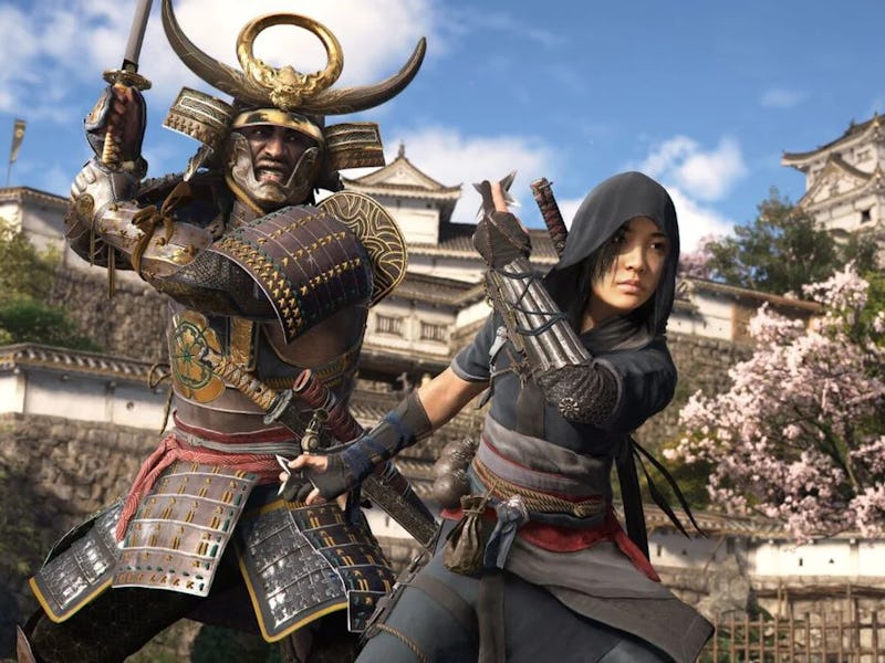 A samurai in traditional armor stands next to a ninja with a castle and cherry blossoms in the backg...