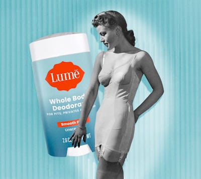 A vintage photograph of a woman collaged with a Lume full-body deodorant product.